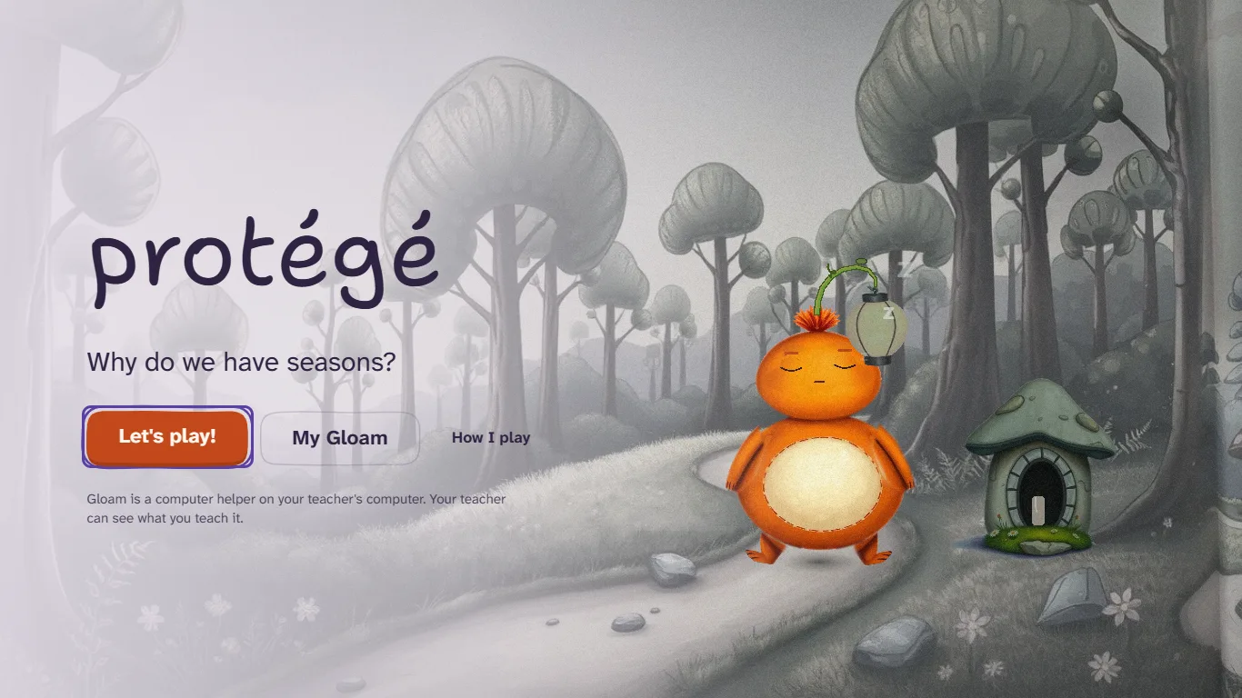 A storybook forest with mushroom houses and a playful Gloam.