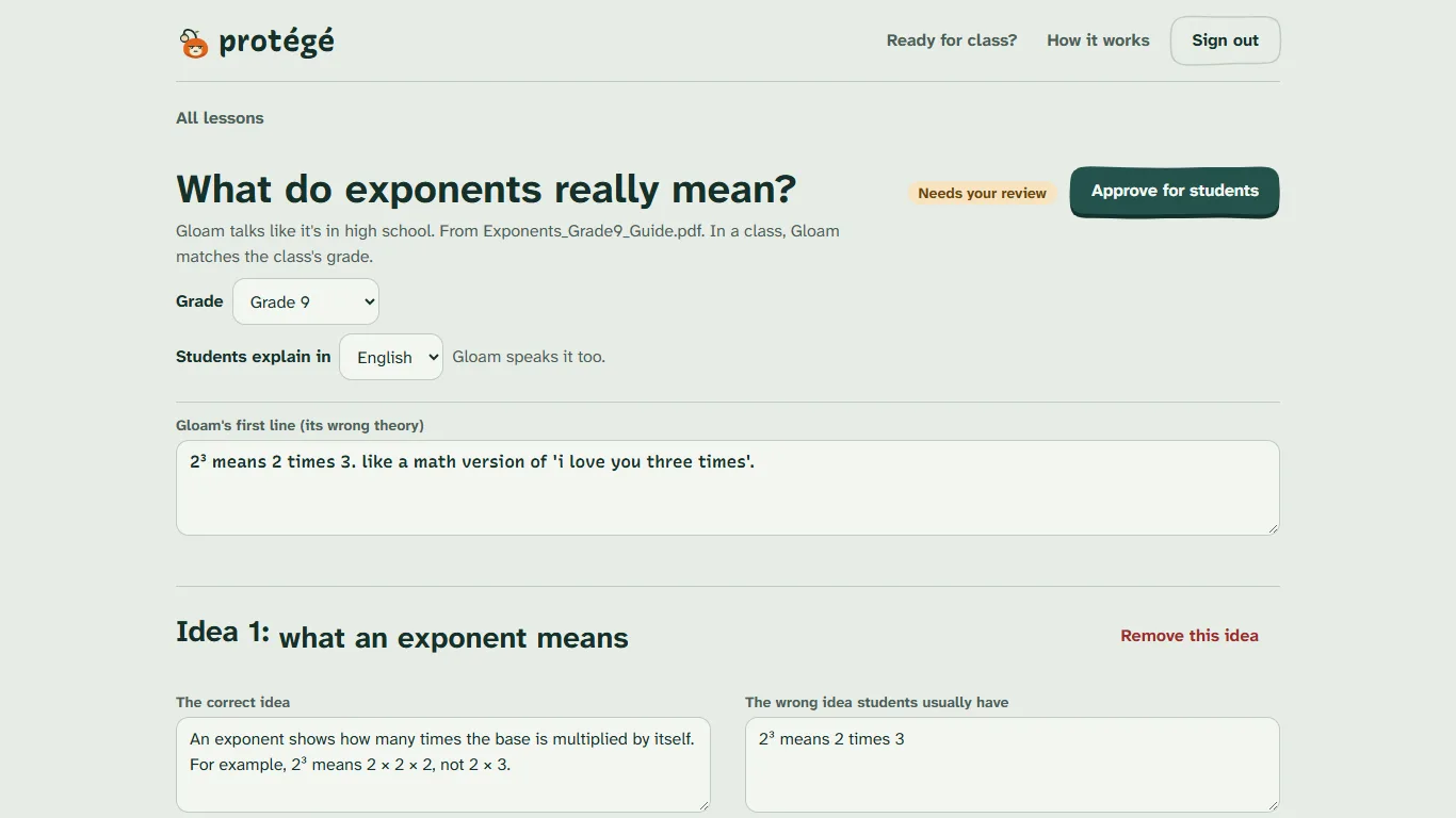 The teacher's lesson page: the lesson title, its grade and language, and Gloam's wrong theory, ready to edit and approve.