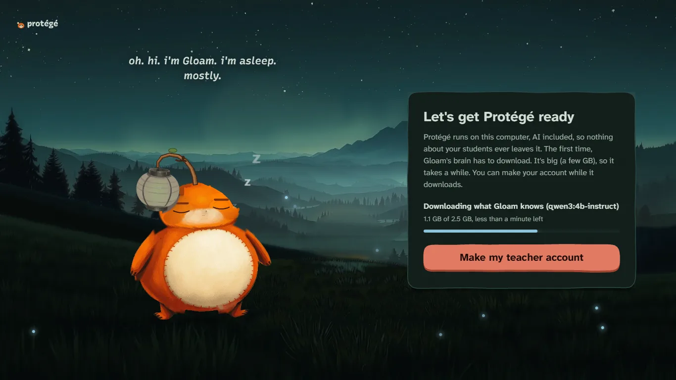 Protégé setting itself up: Gloam asleep in the night valley while its brain downloads, beside a card to make your teacher account.