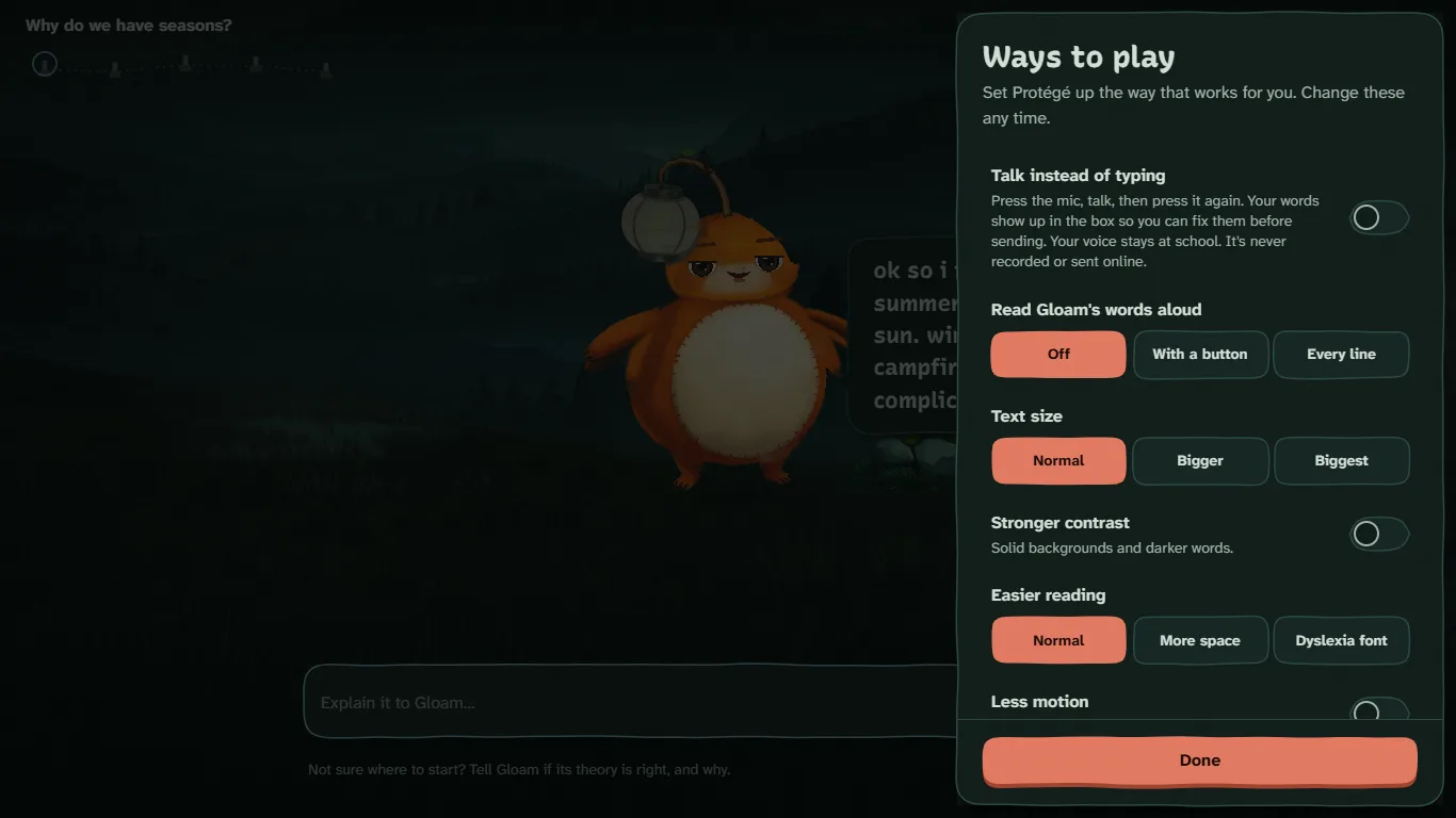 The 'Ways to play' panel: talk instead of typing, read Gloam's words aloud, text size, stronger contrast, easier reading, less motion, sound.